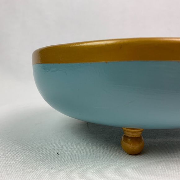 Wood Bowl Hand Painted Glossy Gold French Blue Footed Jewelry Trinket Dish - Picture 7 of 9